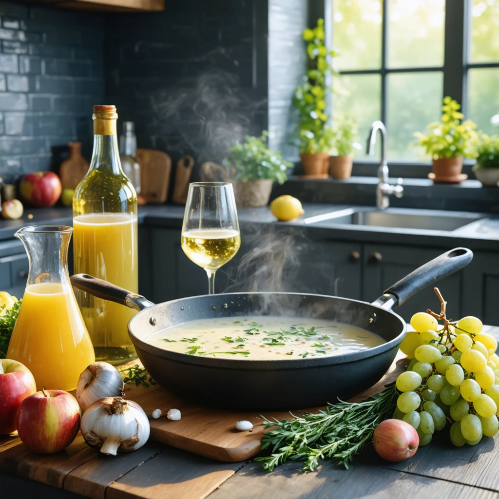 Une sauce en préparation dans une poêle, entourée d'alternatives au vin blanc comme du bouillon, du citron, du jus de pomme et des aromates sur un plan de travail de cuisine.