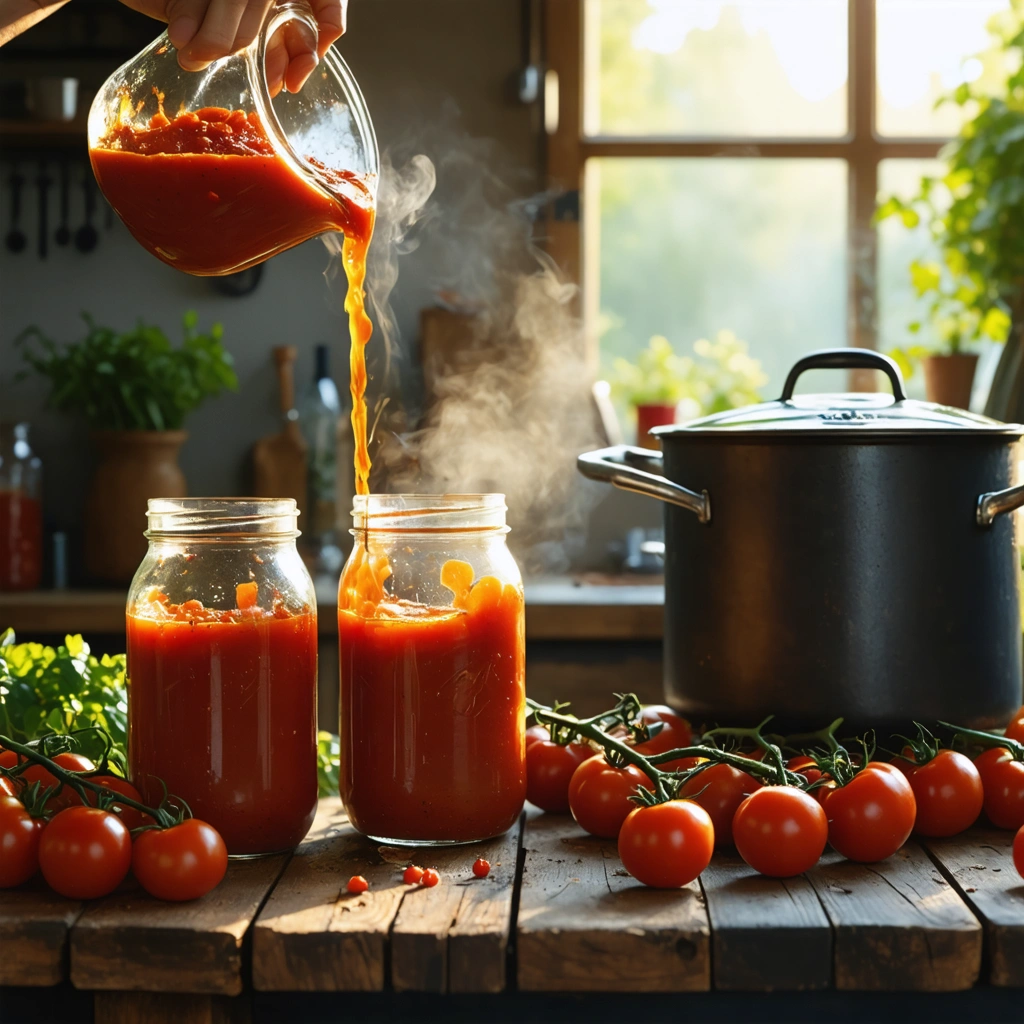Des bocaux en verre remplis de sauce tomate maison en cours de stérilisation dans une cuisine rustique, avec des tomates fraîches et une grande marmite