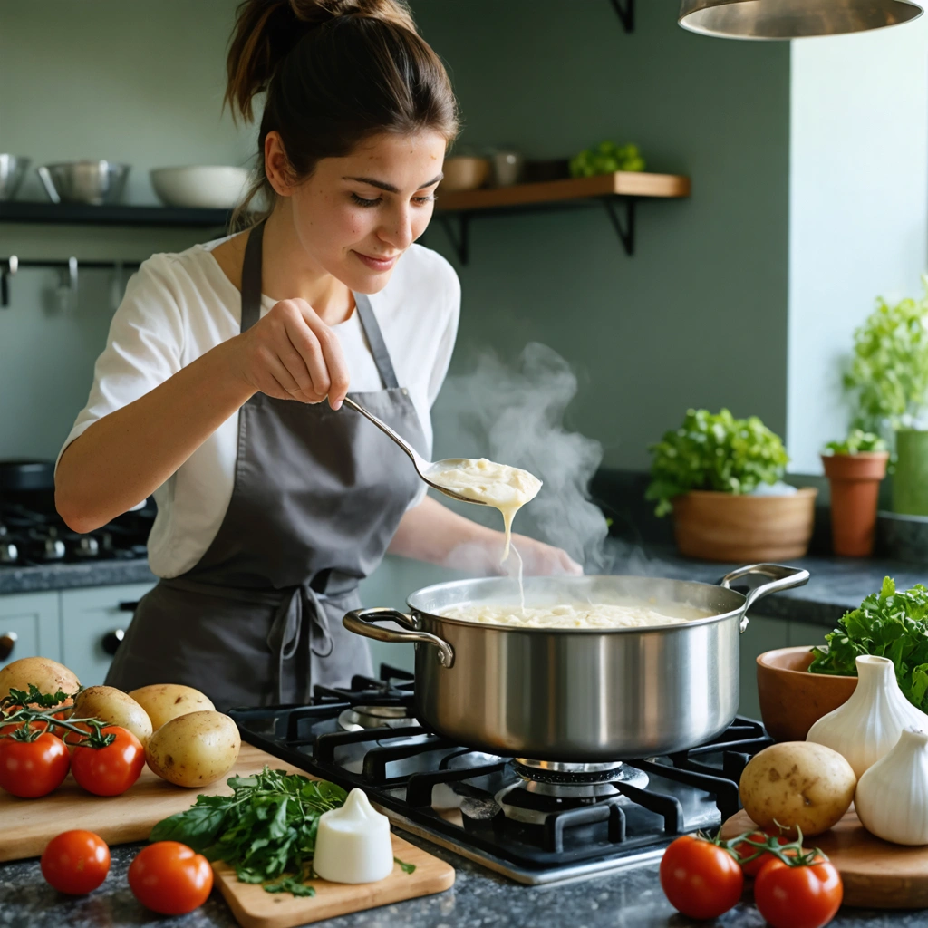 Une cuisiniere dans une cuisine chaleureuse en train de rattraper une sauce trop salee dans une casserole avec des ingredients poses autour