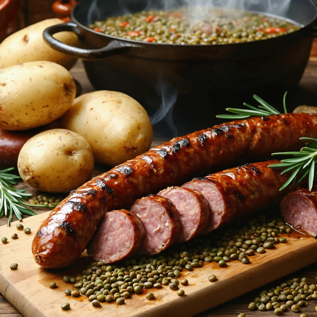 Saucisse de Morteau cuite a l eau, tranchee sur une planche en bois avec des pommes de terre et une casserole en arriere-plan