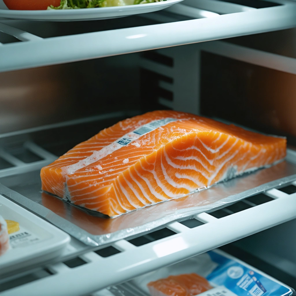 Un filet de saumon frais bien emballé, placé sur une étagère froide dans un réfrigérateur domestique moderne.