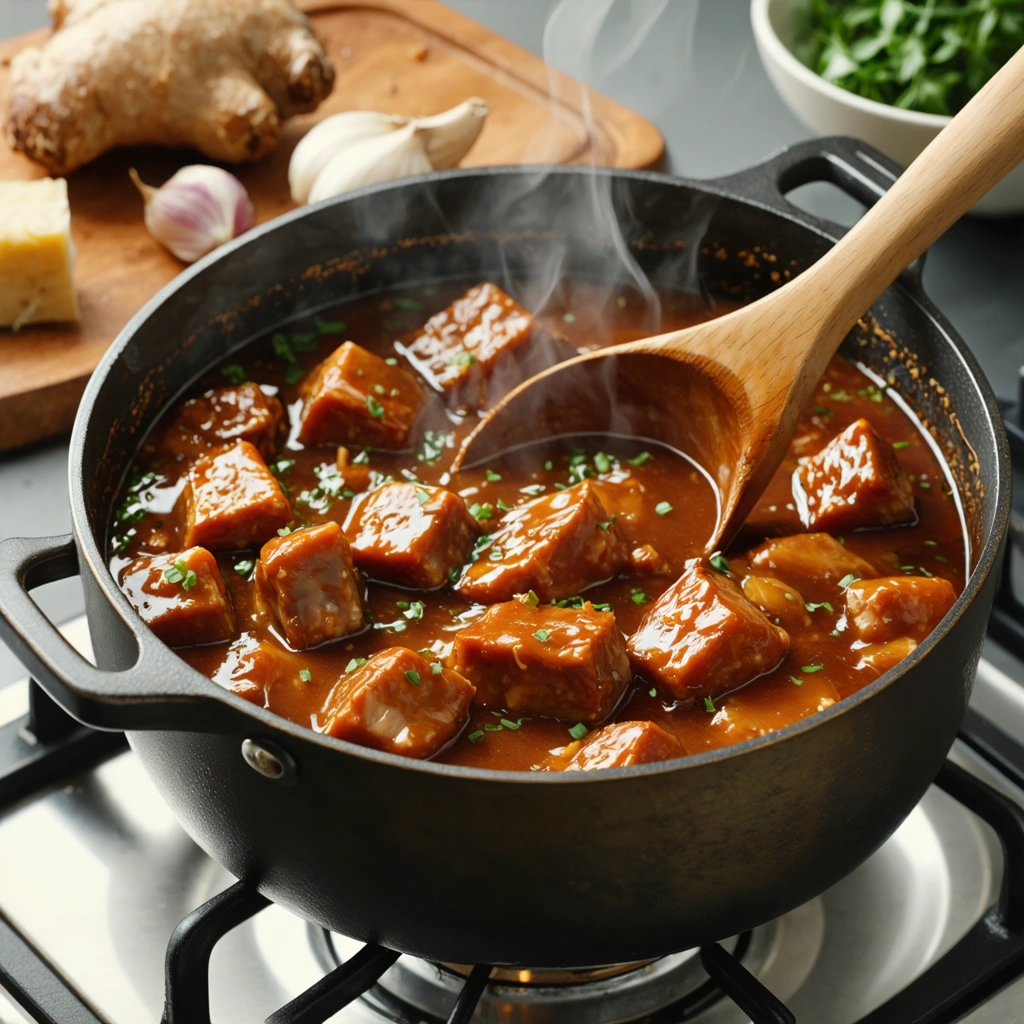 Un sauté de porc au caramel dans une cocotte, avec des morceaux de viande nappés d'une sauce brillante et légèrement caramélisée
