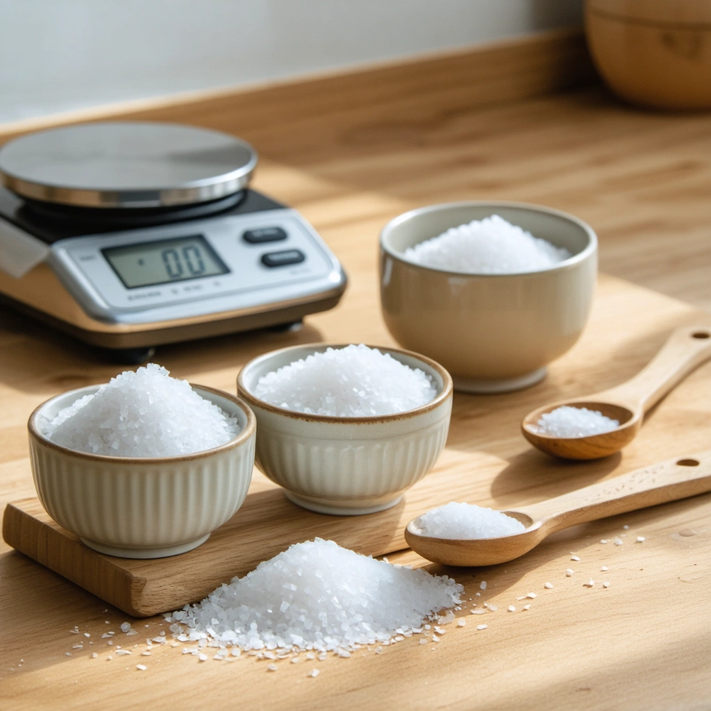 Deux bols contenant du sel fin et du gros sel, avec des cuillères doseuses et une balance de cuisine sur un plan de travail.