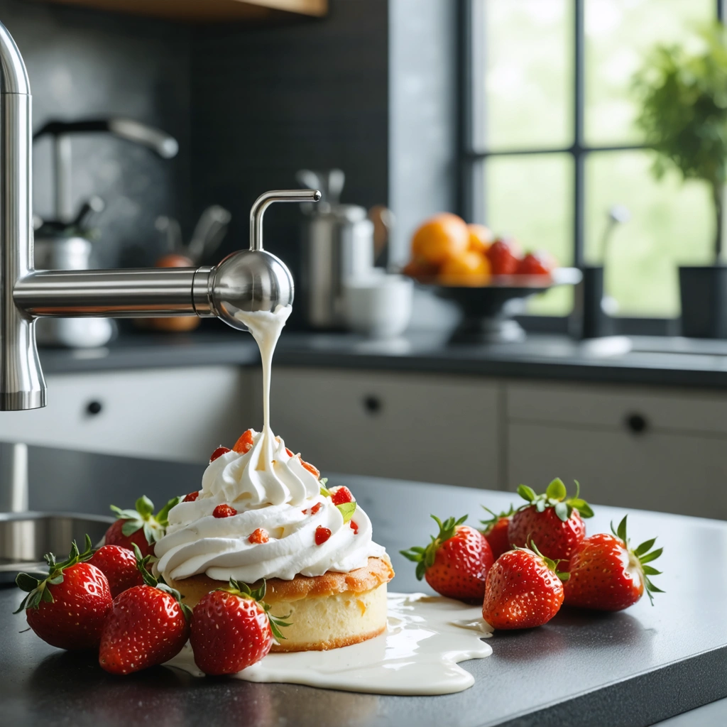 Un siphon à chantilly en inox dans une cuisine, servant de la crème fouettée sur un dessert avec des fraises, illustrant son utilisation correcte.