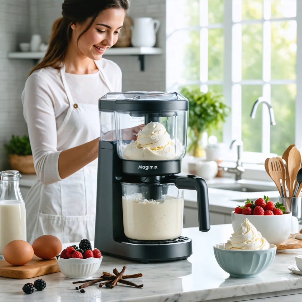 Une sorbetiere Magimix en fonctionnement sur un plan de travail avec une preparation de glace maison, des ingredients frais et des coupes de glace pretes a deguster.