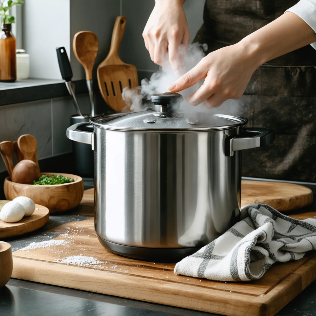 Gros plan réaliste sur une soupape d’autocuiseur en cours de nettoyage sur un plan de cuisine, avec des mains féminines et un couvercle de cocotte en acier inoxydable.