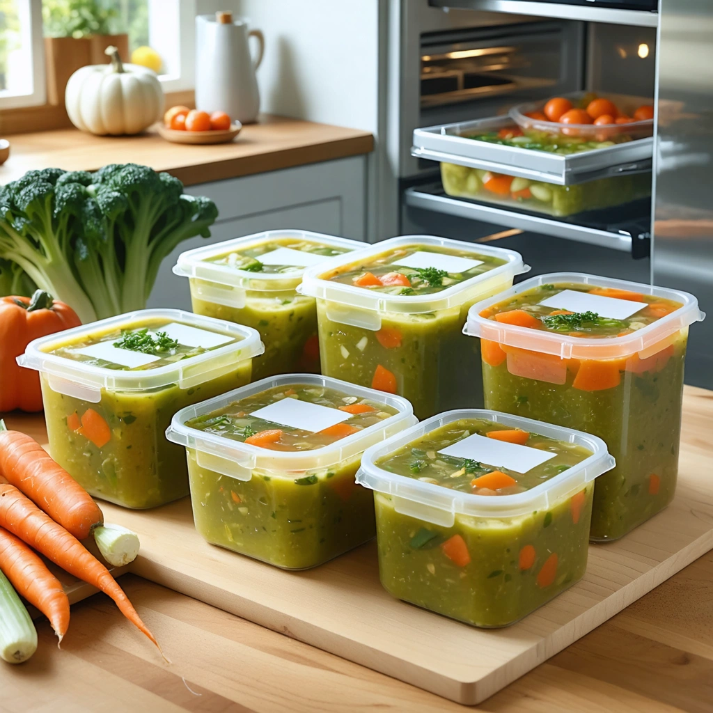 Soupe maison versée dans des boites de conservation avant congélation, dans une cuisine chaleureuse avec un congélateur ouvert en arrière-plan