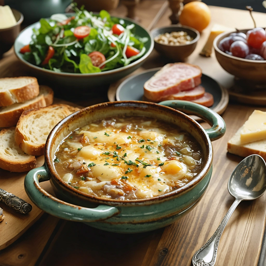 Bol de soupe a l'oignon gratinee sur une table conviviale avec salade verte, tartines, legumes rotis, charcuterie fine, fromage et dessert leger.