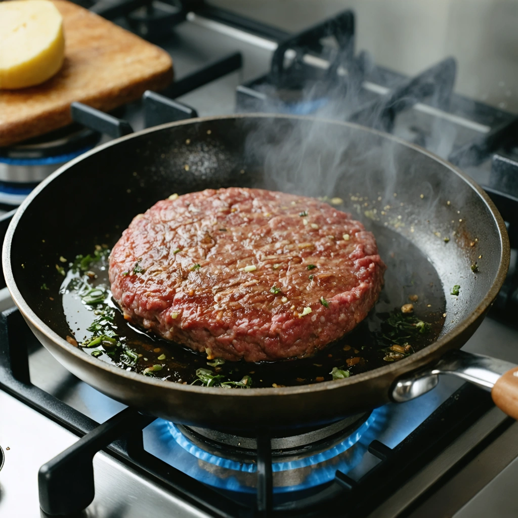 Steak hache surgele en train de cuire dans une poele chaude avec une surface doree et une spatule a cote