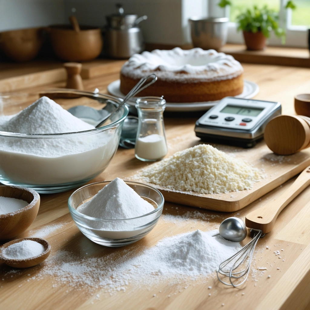 Deux bols contenant du sucre glace et du sucre en poudre posés sur un plan de travail avec une balance de cuisine, un fouet et un gâteau en arrière-plan.
