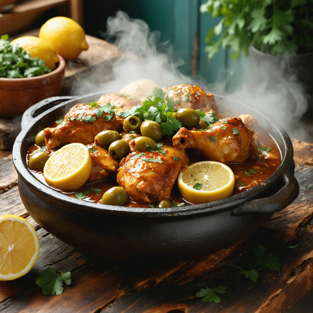 Un tajine de poulet aux citrons confits et olives vertes servi dans un plat traditionnel, avec une sauce brillante, des herbes fraîches et une ambiance chaleureuse de cuisine marocaine.