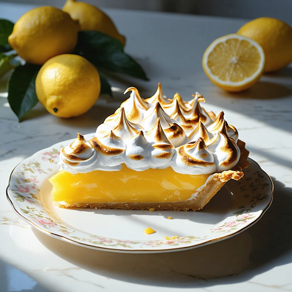 Une tarte au citron meringuée maison avec une pâte dorée, une crème au citron jaune brillante et une meringue pochée légèrement caramélisée sur le dessus.