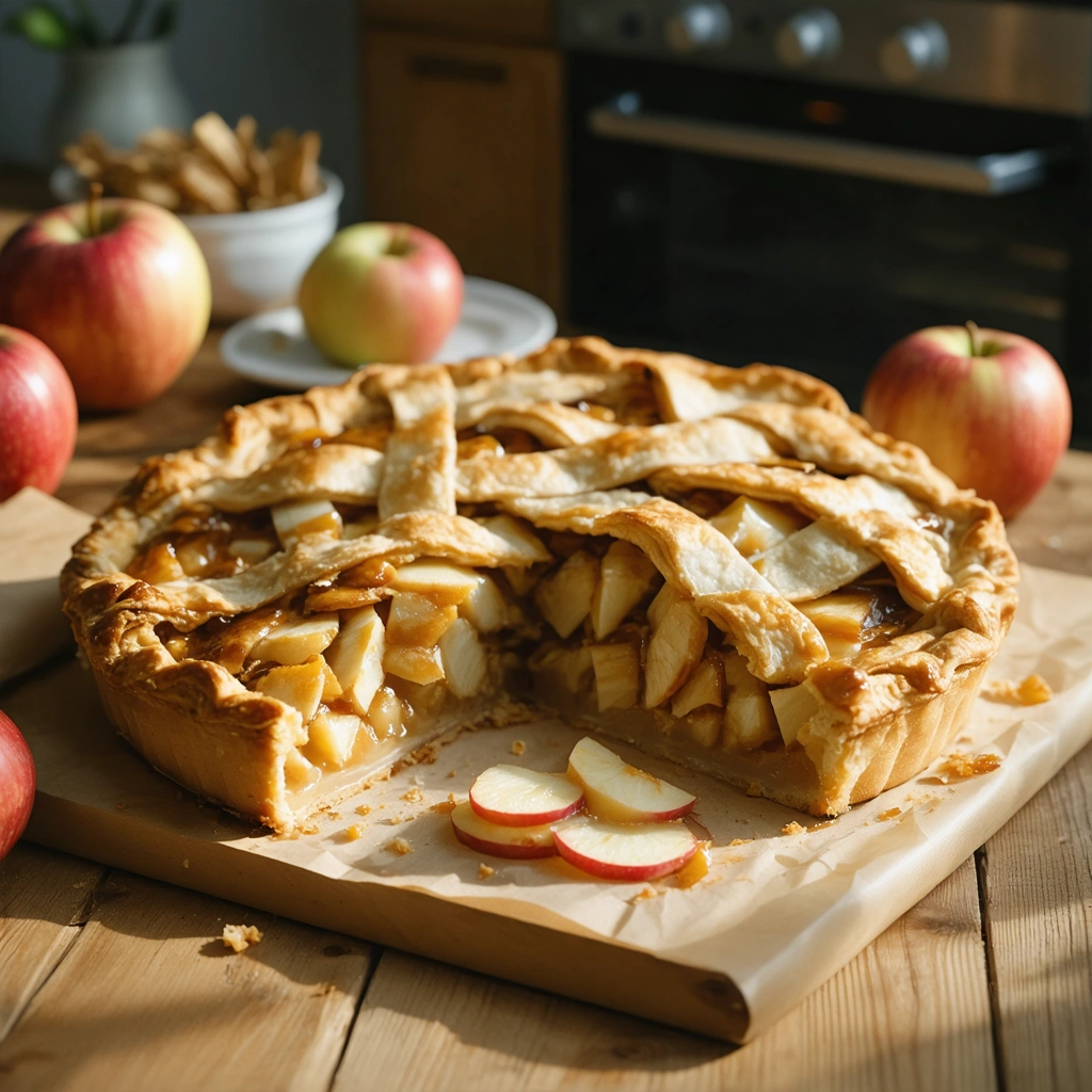 Une tarte aux pommes cuite, dorée et appétissante, posée sur une table de cuisine avec un emballage de congélation à proximité.