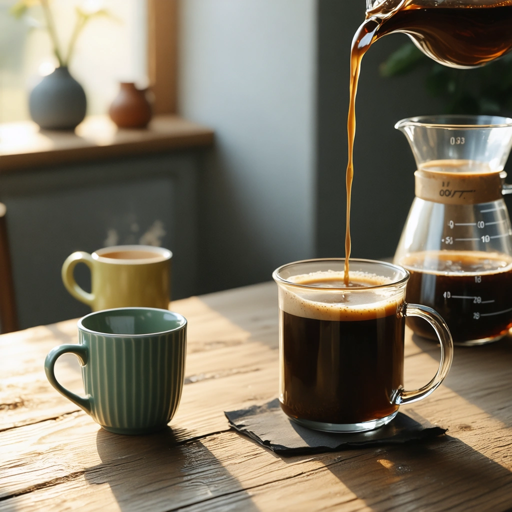Trois contenants de cafe de tailles differentes poses sur une table de cuisine, a cote d un verre doseur montrant les equivalences en cl