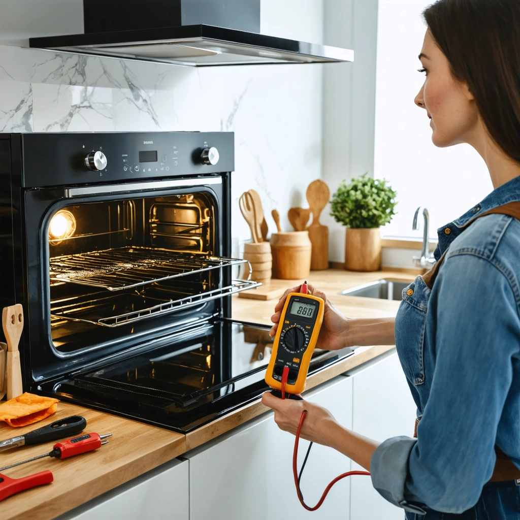 Une femme teste la resistance d un four electrique avec un multimetre dans une cuisine moderne.