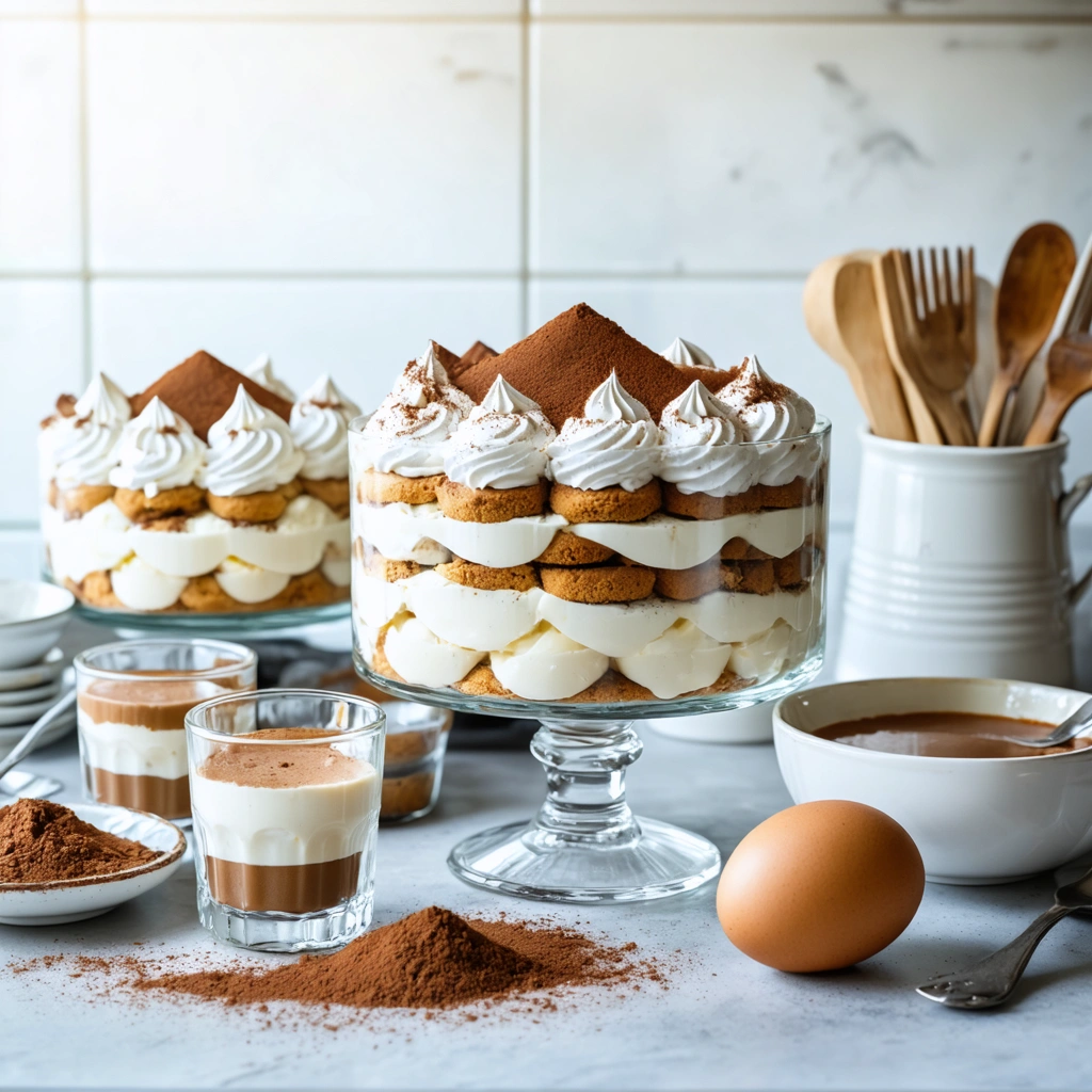 Un tiramisu crémeux sans mascarpone présenté dans un plat et des verrines, entouré d'ingrédients de substitution comme la ricotta, le yaourt grec, le fromage frais, la crème, le café et des biscuits.