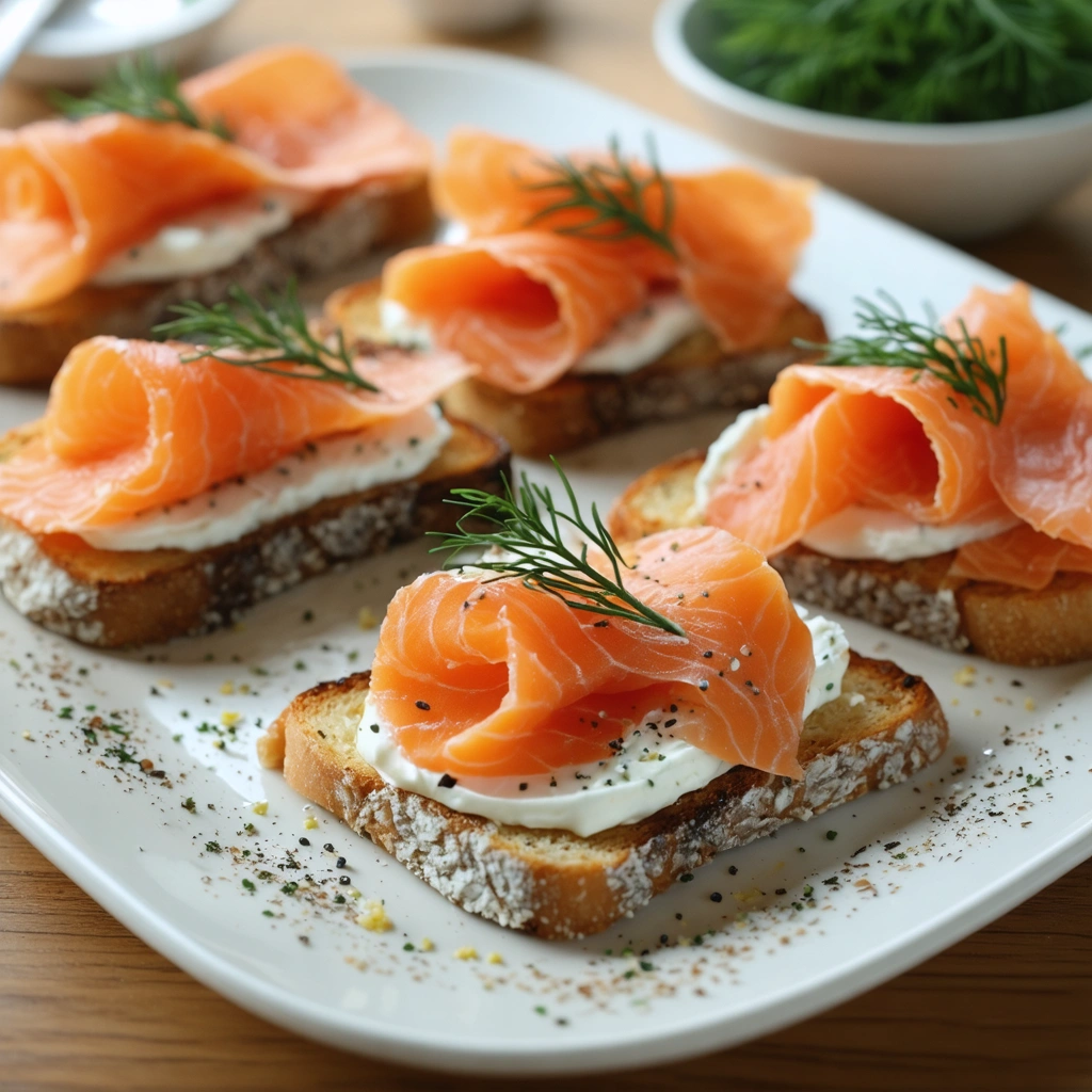 Plateau de toasts au saumon frais avec pain grille croustillant, fromage frais, aneth et citron, prepares pour un aperitif