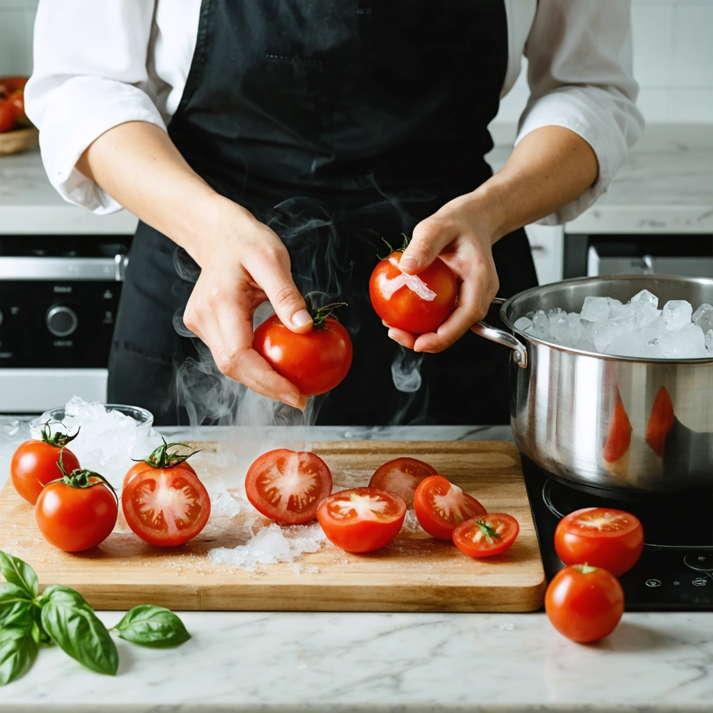 Des tomates rouges en train d’etre mondees dans une cuisine, avec une casserole d’eau chaude, un bol d’eau glacee et une tomate pelee sur une planche