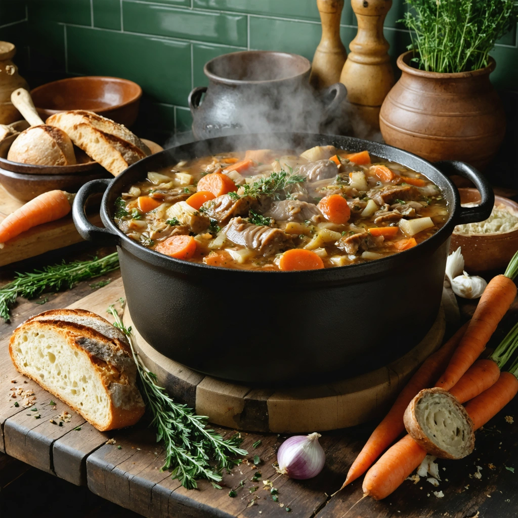 Une cocotte rustique de tripes a la mode de Caen servie chaude avec carottes, oignons, bouillon brillant et pain de campagne sur une table de cuisine