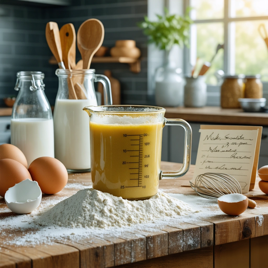 Un verre a moutarde pose sur un plan de travail en cuisine, entoure de farine, sucre, lait et ustensiles de patisserie pour illustrer la mesure en recette