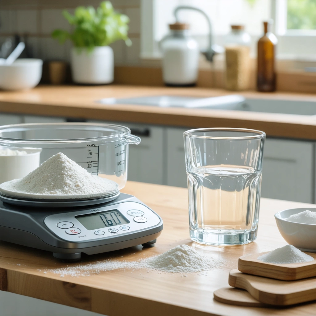 Un verre d'eau posé sur un plan de travail de cuisine à côté d'une balance électronique et d'un verre doseur, pour illustrer les équivalences entre grammes et millilitres.