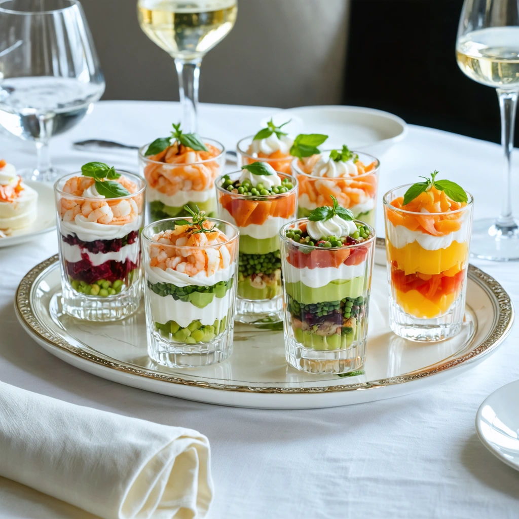 Plateau de verrines salees chic pour aperitif, avec plusieurs recettes colorees preparees a l avance dans de petits verres transparents.