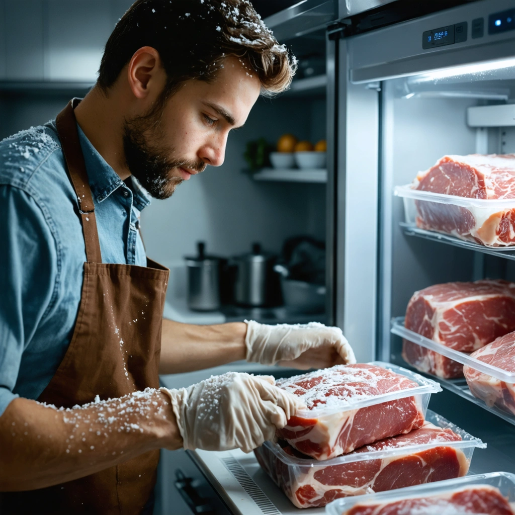Une personne dans une cuisine examine attentivement un paquet de viande congelée sorti du congélateur pour vérifier son état avant cuisson.