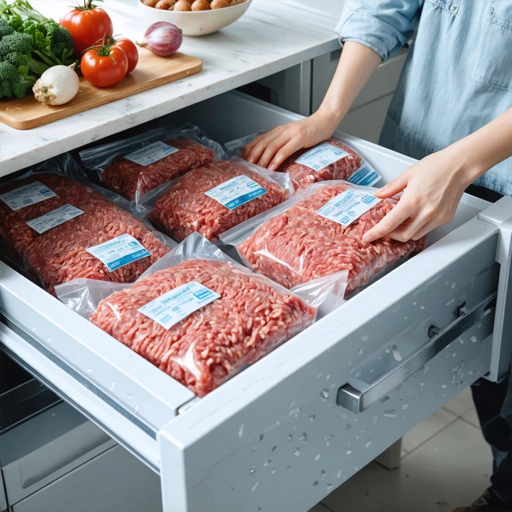 Un tiroir de congelateur ouvert avec plusieurs portions de viande hachee bien emballees et etiquetees, ainsi qu un paquet ancien couvert de givre au fond