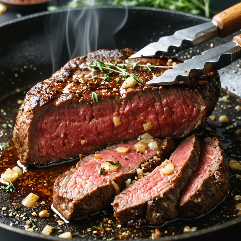 Une pièce de viande rouge cuite à point dans une poêle, avec une croûte dorée, du beurre, de l’ail et des herbes, et une tranche montrant un cœur rosé.