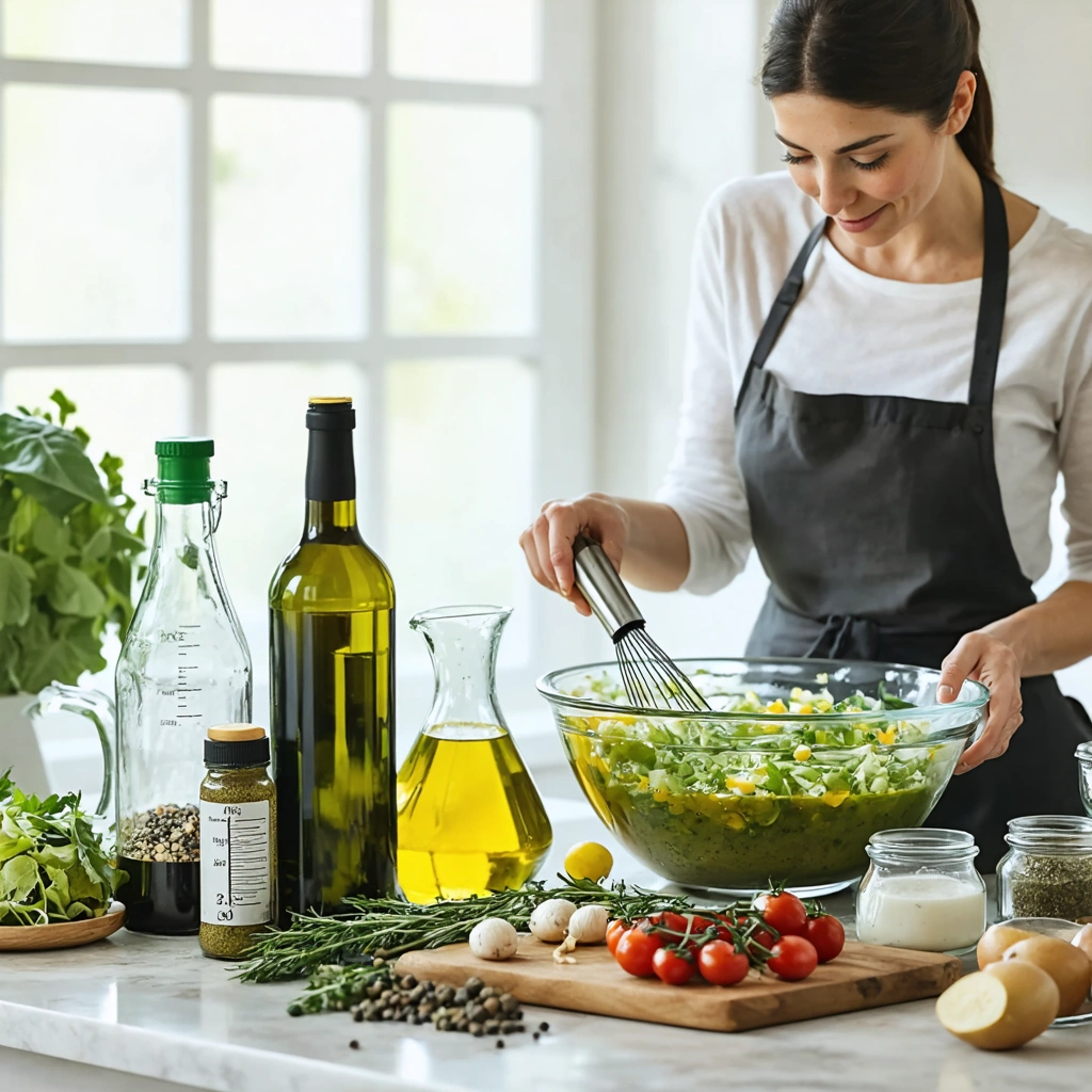 Une femme prépare une grande quantité de vinaigrette maison dans une cuisine lumineuse, avec huiles, vinaigre, moutarde, fouet, bouteilles et salades fraîches disposés sur le plan de travail.