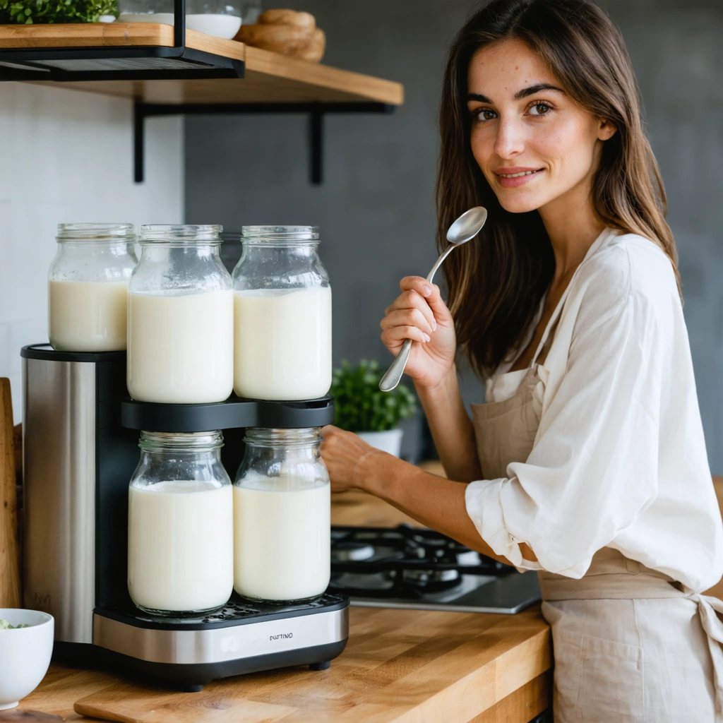 Une yaourtiere ouverte sur un plan de travail avec des pots de yaourt trop liquides, tandis qu une femme observe l appareil dans une cuisine lumineuse.
