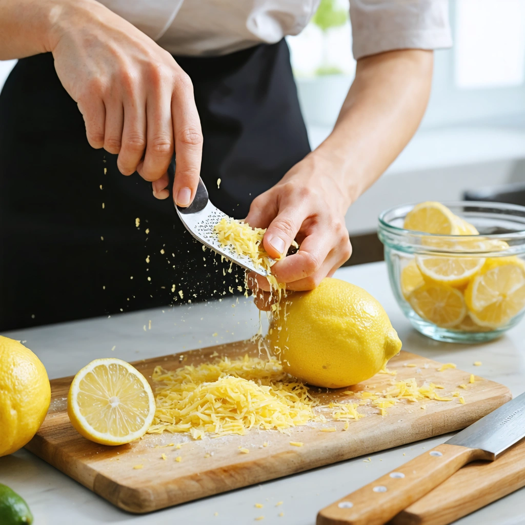 Une personne prépare des zestes de citron sans zesteur sur une planche en bois avec un citron frais, une rape fine, un econome et un couteau.